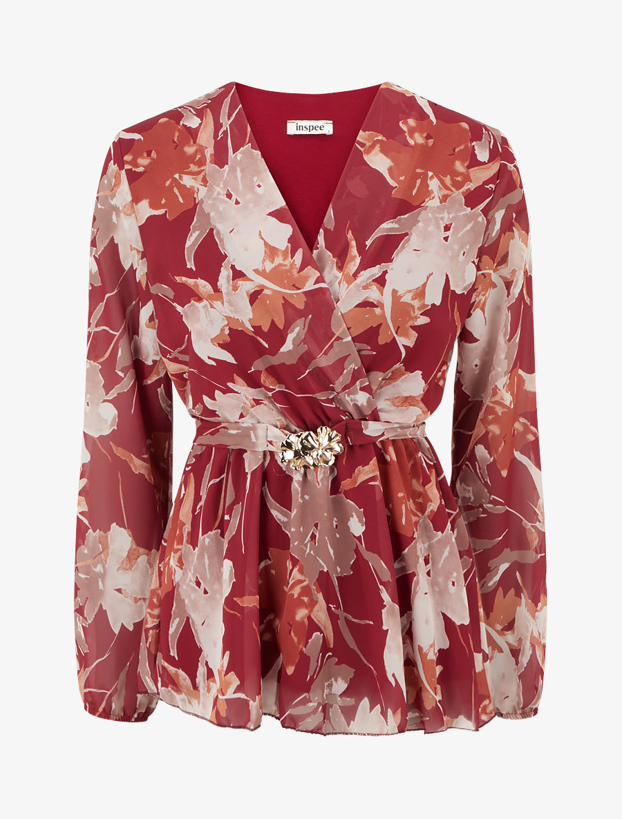 Top cache-coeur imprimé fleurs abstraites à bijou floral - Rouge - 1