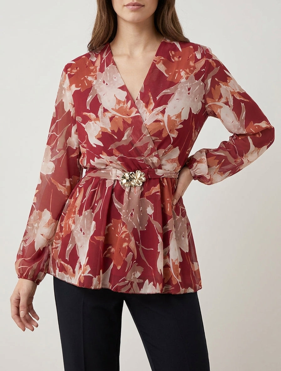 Top cruzado estampado flores abstractas con joya floral - Rojo