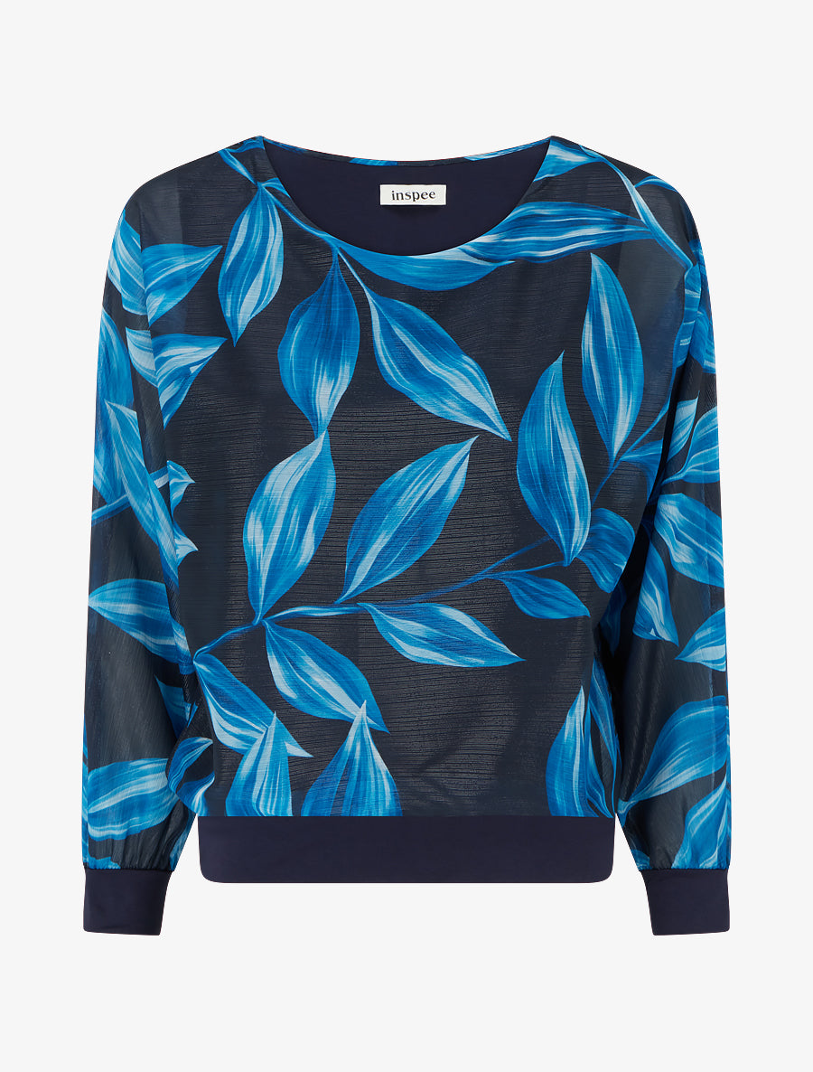 Blouse imprimé feuillage à détail irisé - Marine - 1