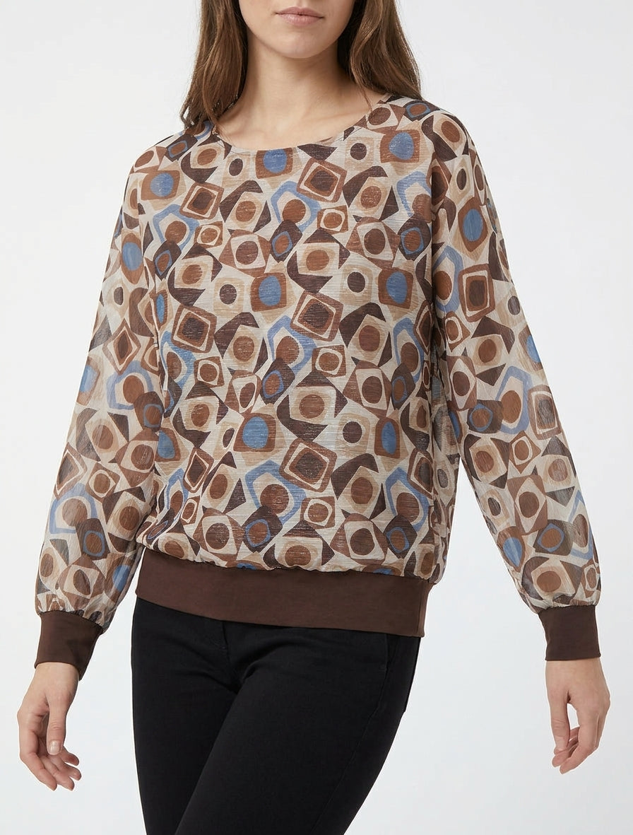 Blusa estampada retro con detalle iridiscente - Marrón