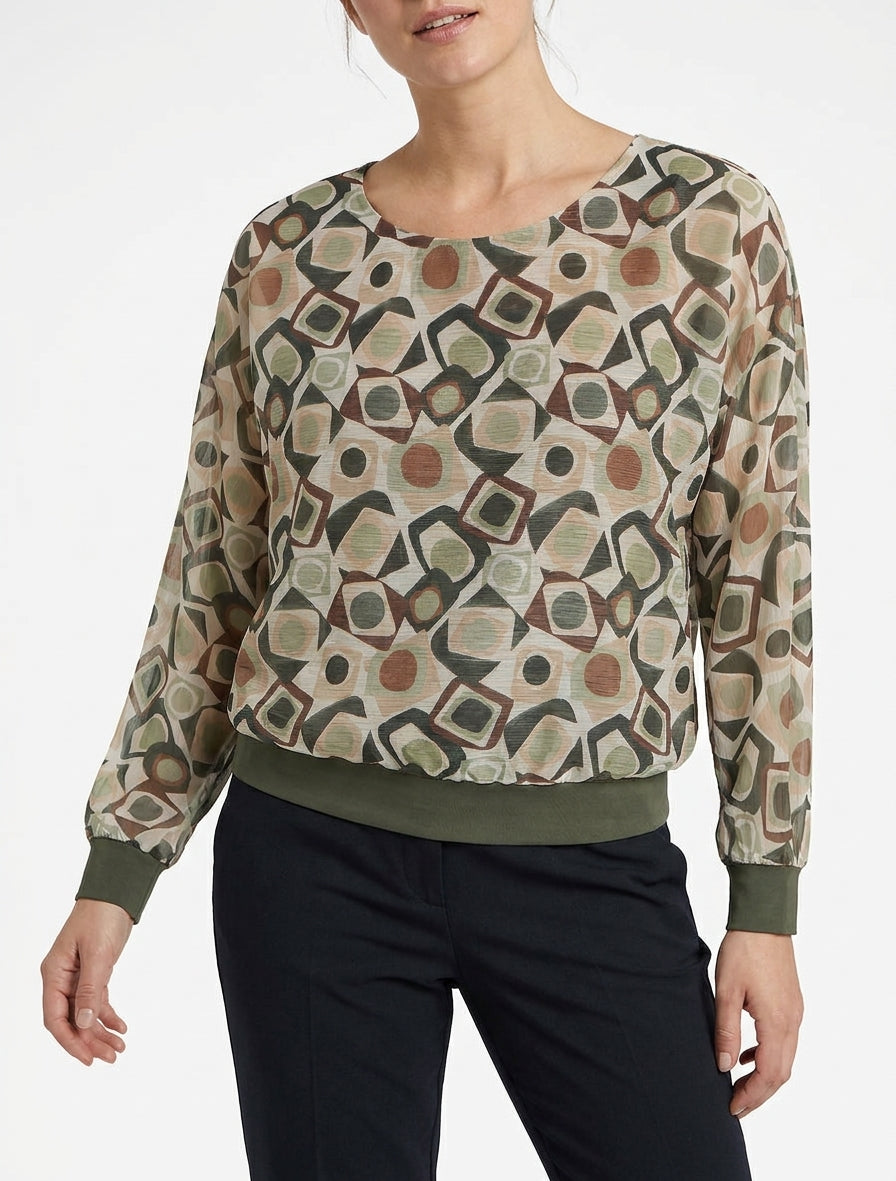 Blusa estampada retro con detalle iridiscente - Caqui