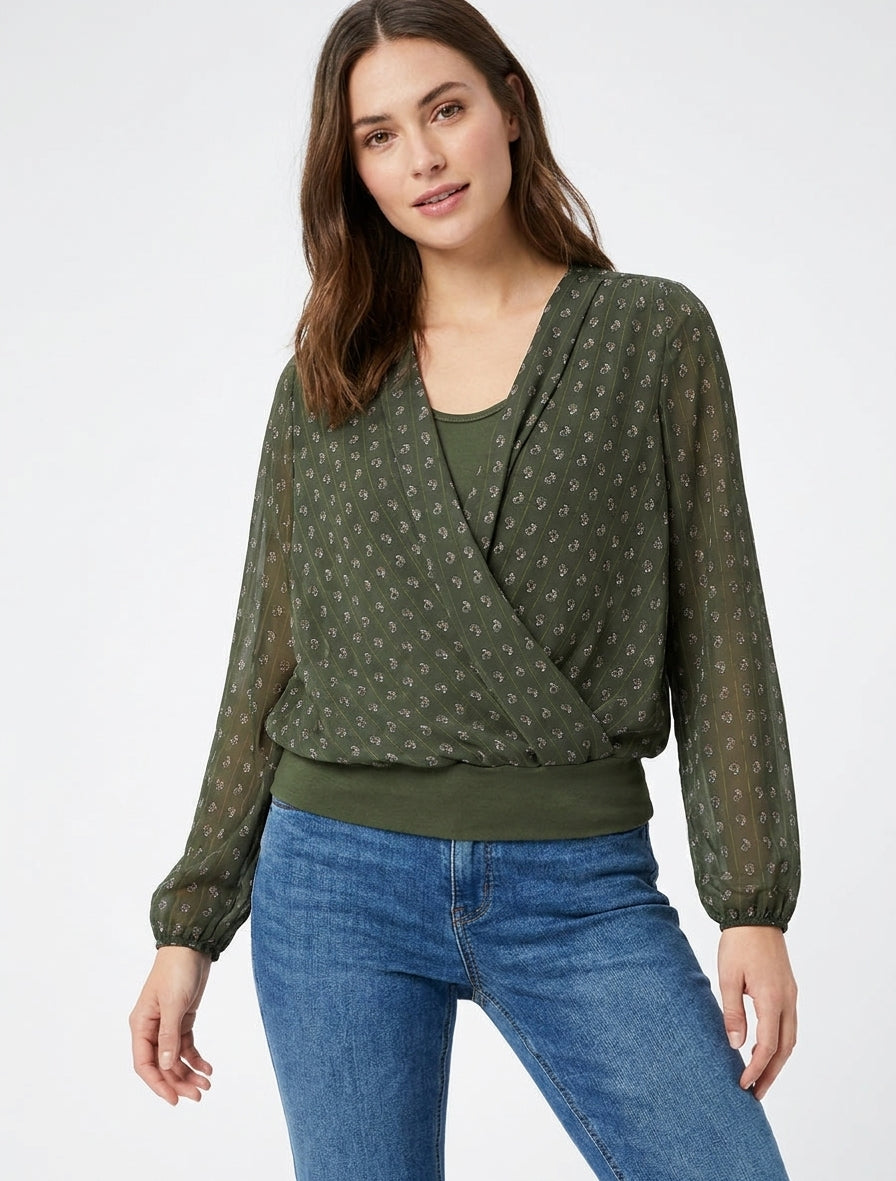Top derecho estampado de cachemira con cuello cruzado - Caqui