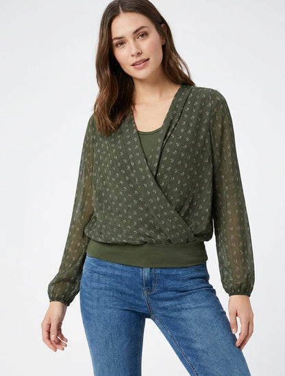 Top derecho estampado de cachemira con cuello cruzado - Caqui