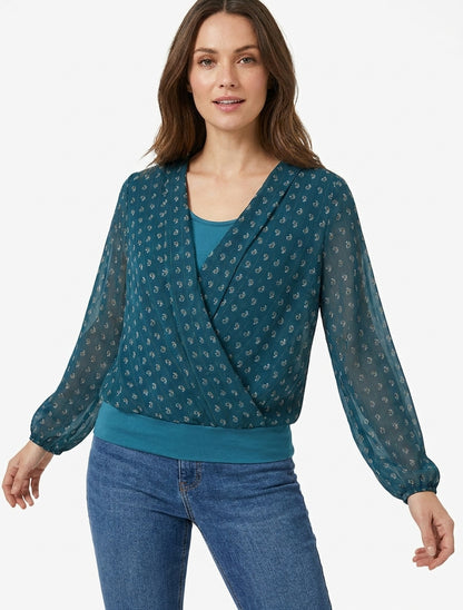 Top derecho estampado de cachemira con cuello cruzado - Azul pato
