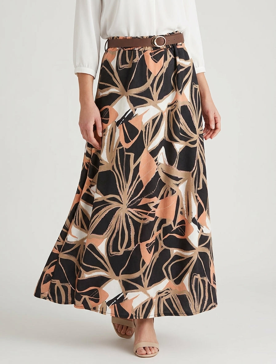 Falda con estampado abstracto y cintura elástica - Negro