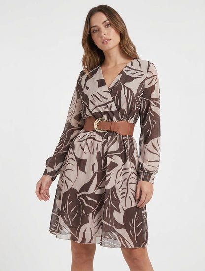 Vestido irisado con estampado de hojas grandes - Marrón