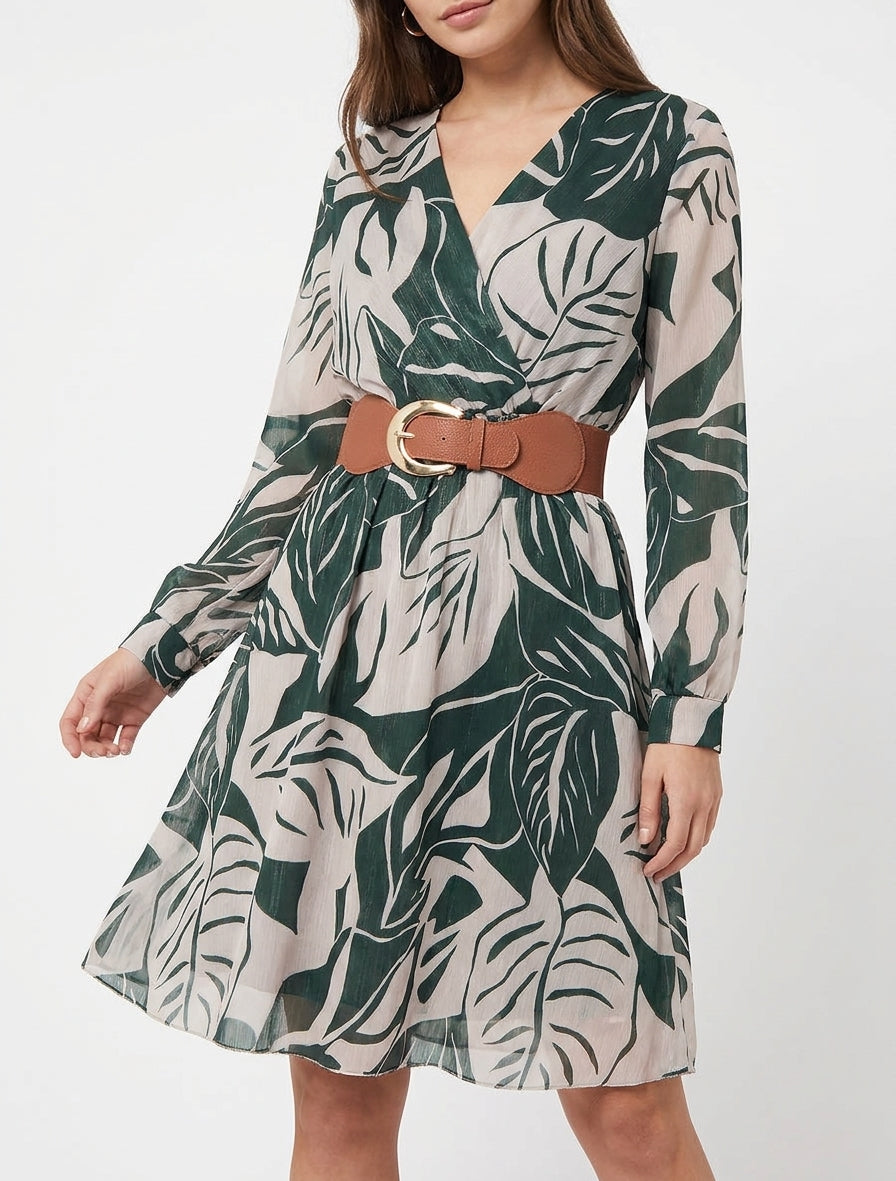 Vestido iridiscente con estampado de hojas grandes - Verde oscuro