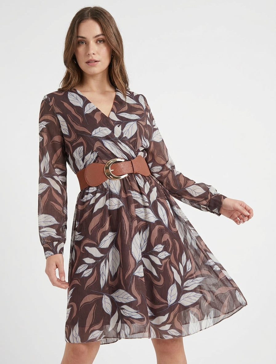 Vestido iridiscente con estampado de hojas - Marrón