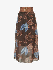 Jupe longue en voile irisé imprimé feuilles - Marron - 1