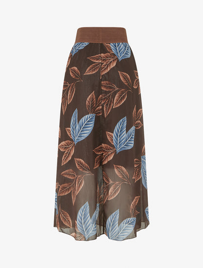 Jupe longue en voile irisé imprimé feuilles - Marron - 2