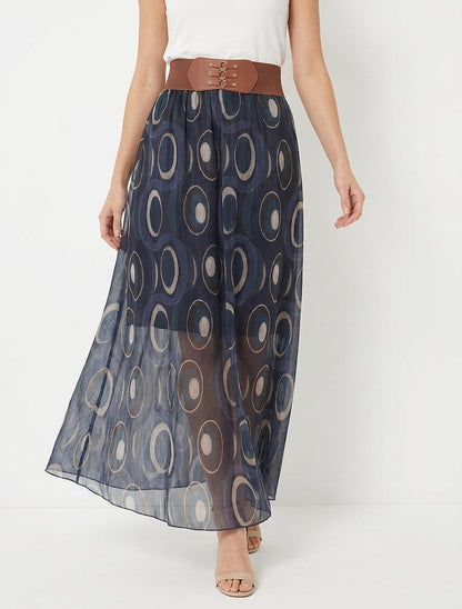 Falda larga de gasa irisada con estampado gráfico - Azul noche