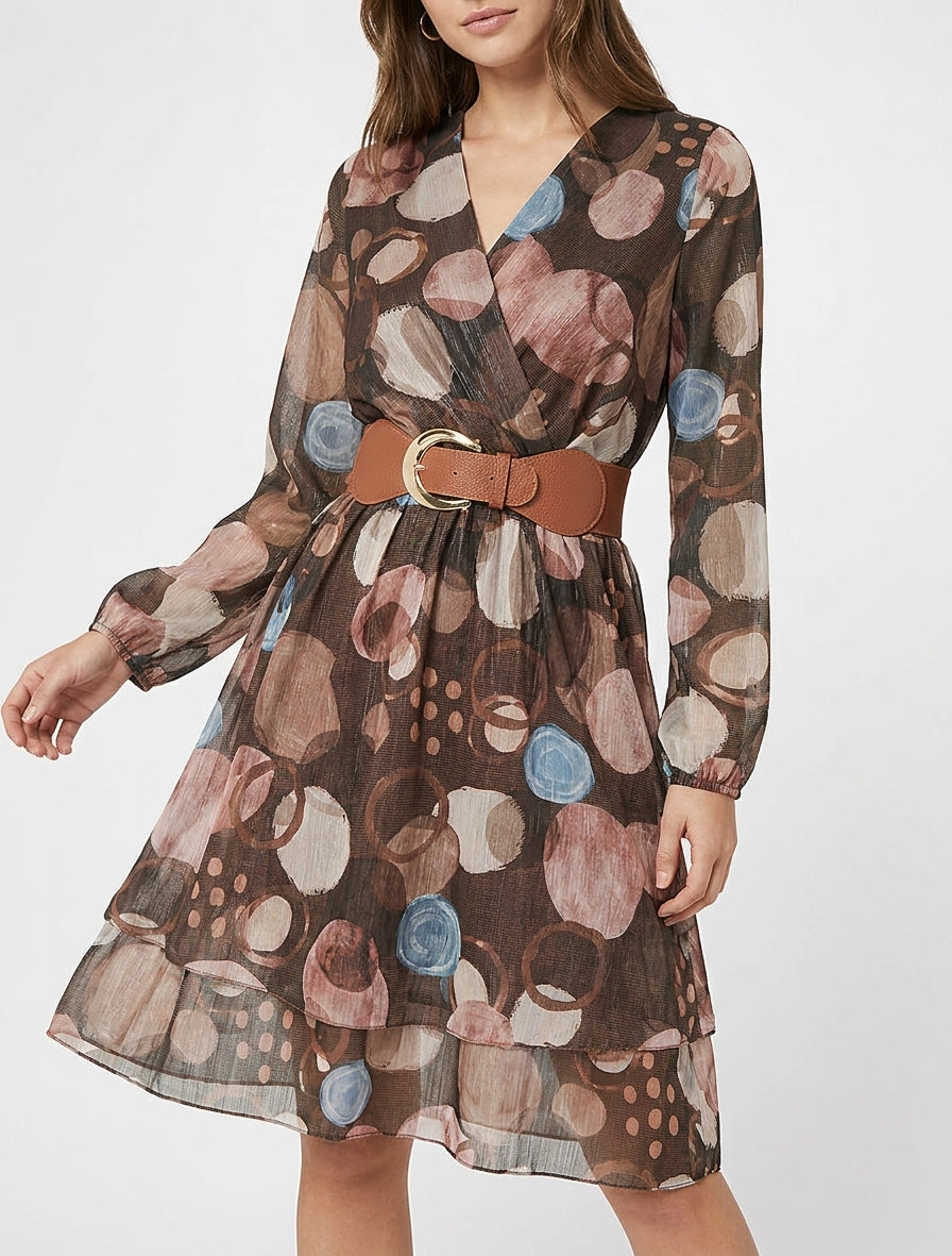 Vestido estampado abstracto con cuello cruzado - Marrón