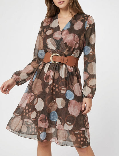 Vestido estampado abstracto con cuello cruzado - Marrón