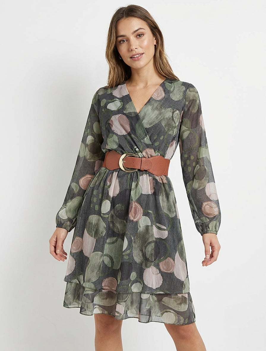 Vestido con estampado abstracto y cuello cruzado - Caqui