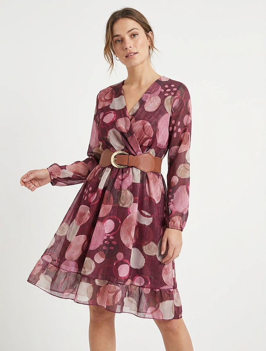 Vestido con estampado abstracto y cuello cruzado - Color vino