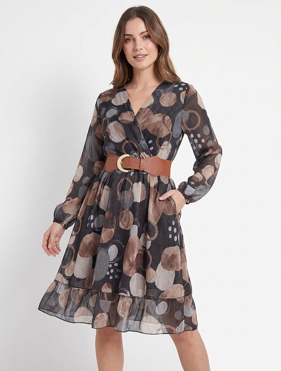 Vestido con estampado abstracto y cuello cruzado - Negro