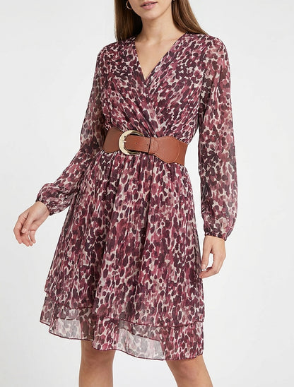 Vestido estampado fantasía con cuello cruzado - Color vino