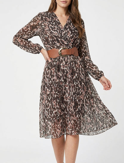 Vestido estampado fantasía con cuello cruzado - Marrón