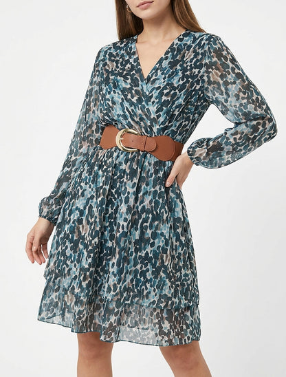 Vestido estampado fantasía con cuello cruzado - Azul pato