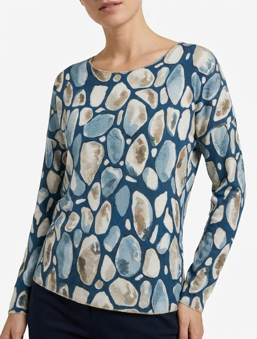 Suéter fino con cuello redondo y estampado de guijarros. - Azul pato