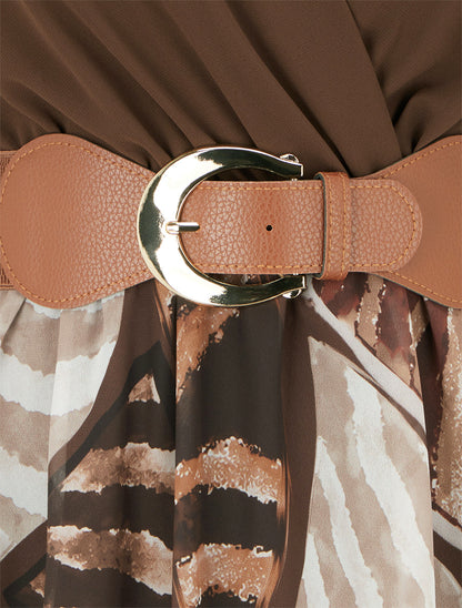 Robe évasée à imprimé feuilles abstraites - Marron - 3