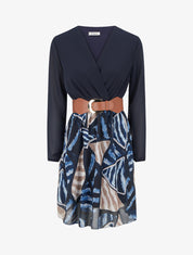 Robe évasée à imprimé feuilles abstraites - Marine - 1