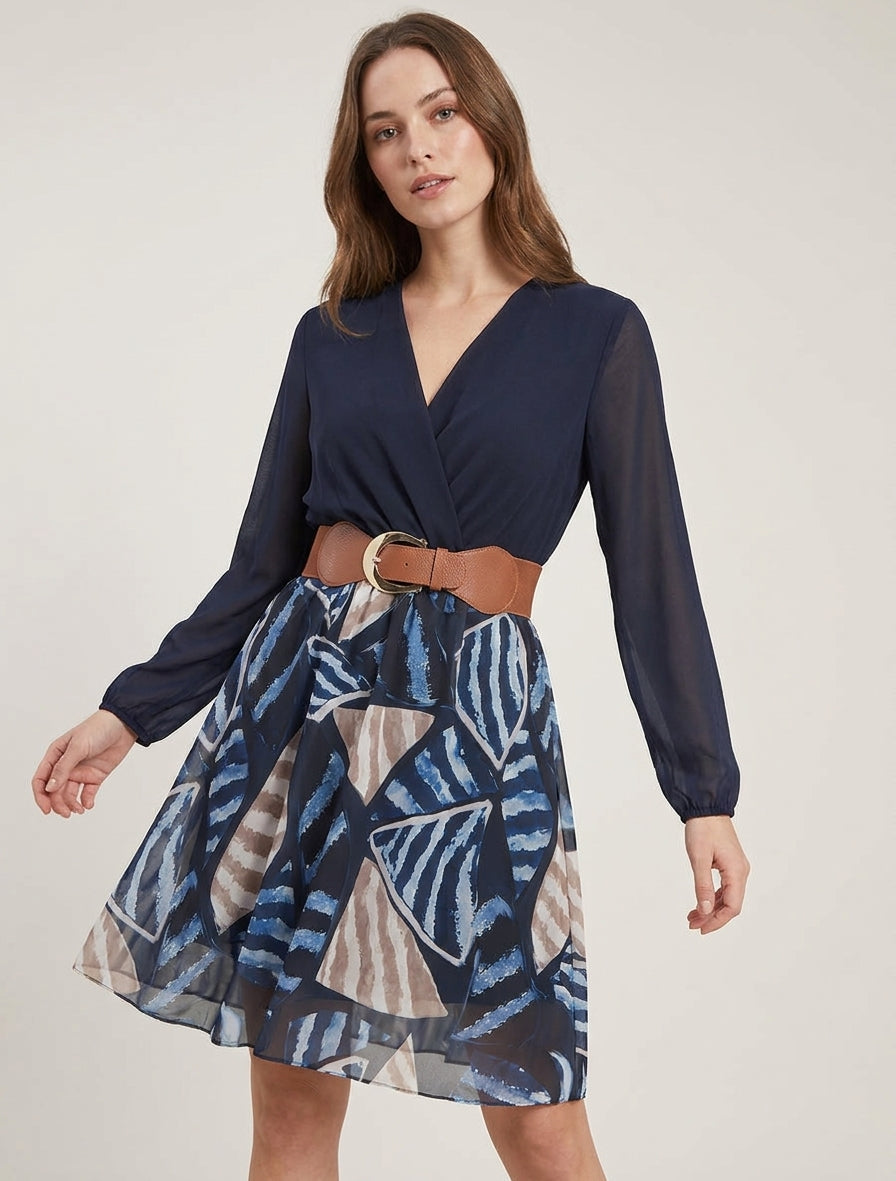 Vestido evasé con estampado de hojas abstractas - Marine