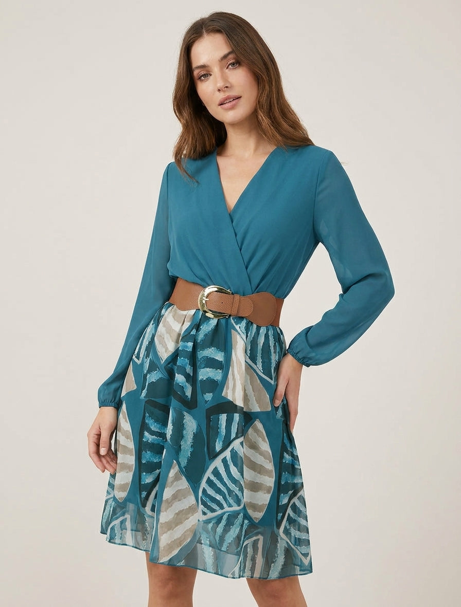 Vestido evasé con estampado de hojas abstractas - Azul pato