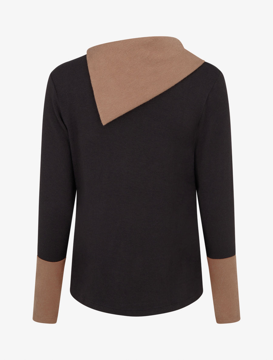 Pull fin bicolore à col drapé asymétrique - Noir/camel - 2