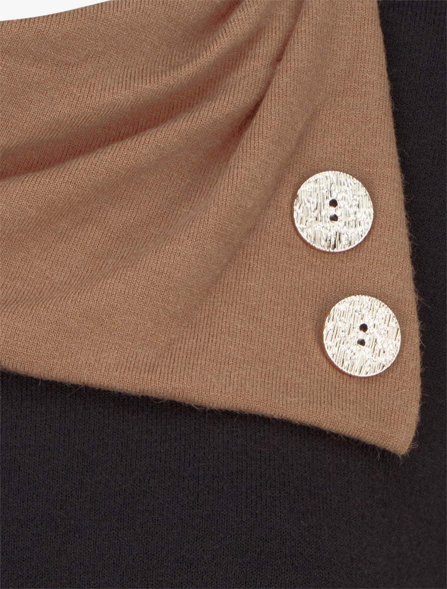 Pull fin bicolore à col drapé asymétrique - Noir/camel - 3
