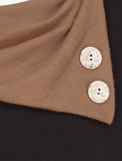 Pull fin bicolore à col drapé asymétrique - Noir/camel - 3