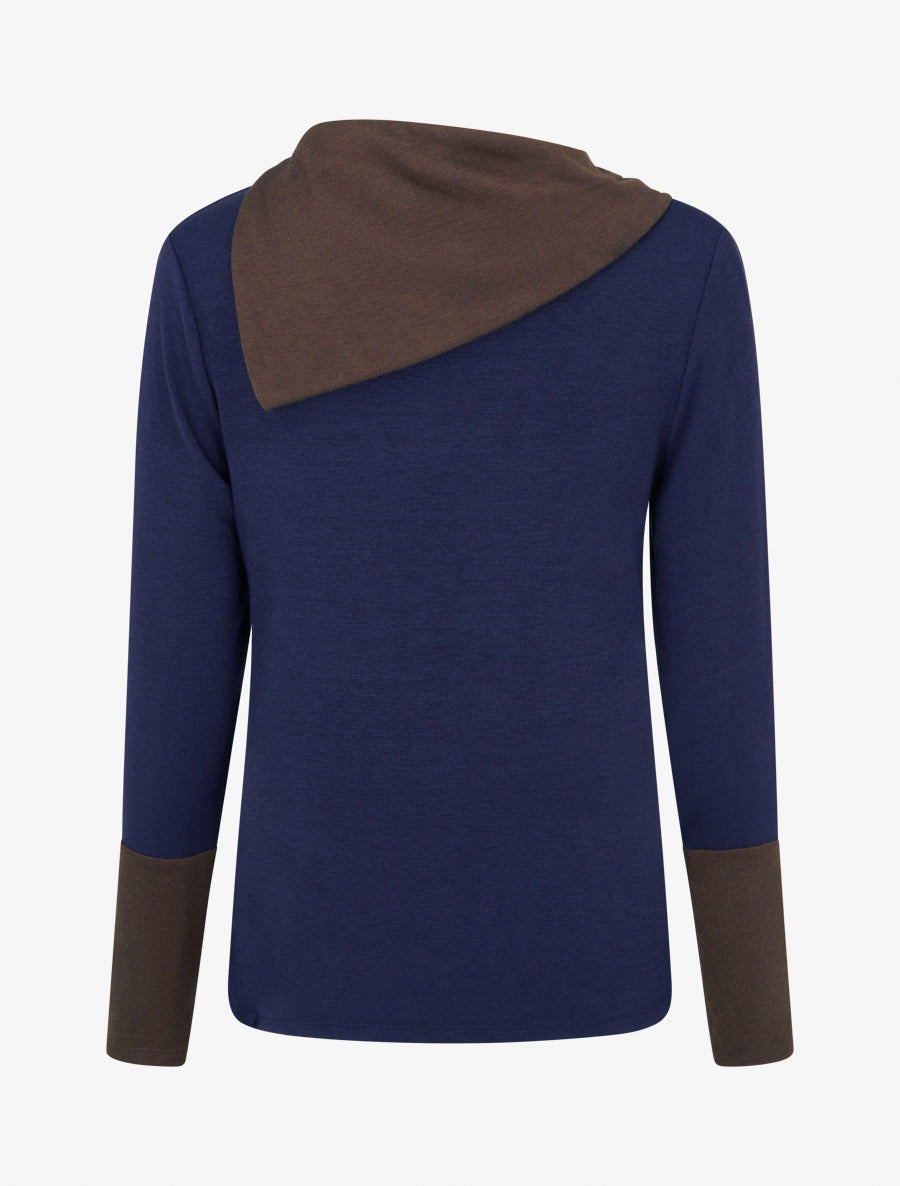 Pull fin bicolore à col drapé asymétrique - Marine/marron - 2