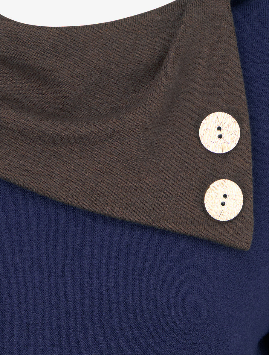 Pull fin bicolore à col drapé asymétrique - Marine/marron - 3
