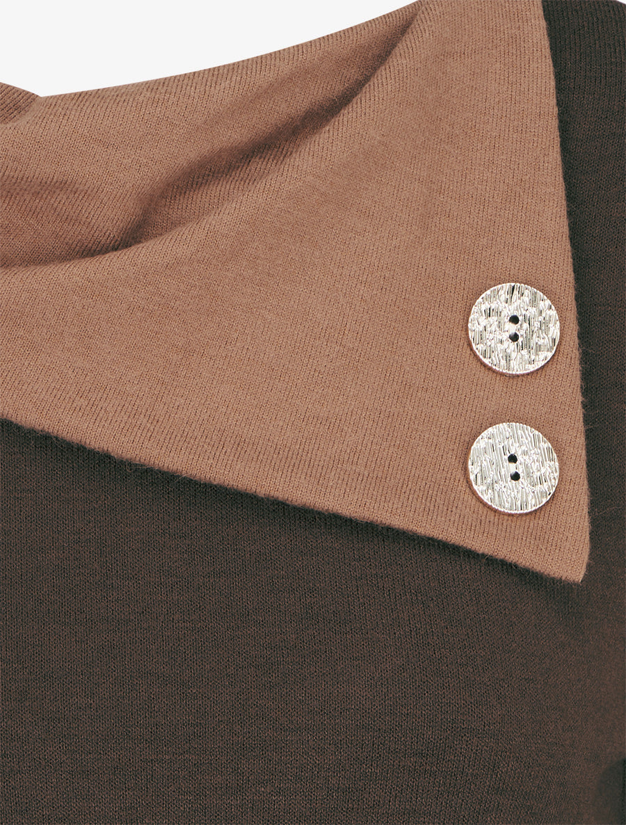 Pull fin bicolore à col drapé asymétrique - Marron/camel - 3
