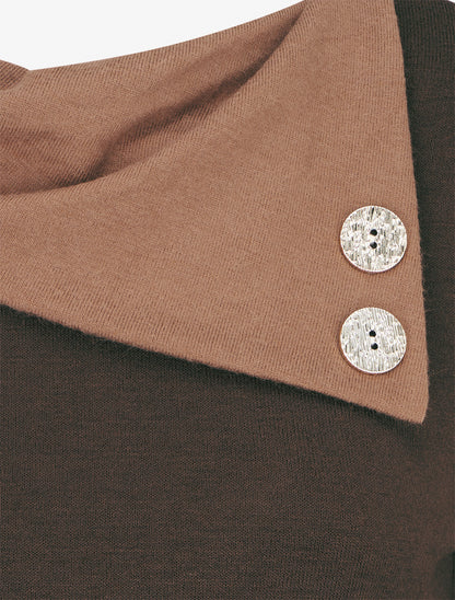 Pull fin bicolore à col drapé asymétrique - Marron/camel - 3