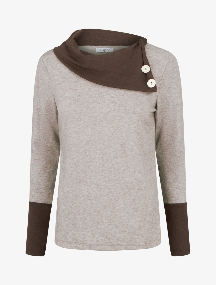 Pull fin bicolore à col drapé asymétrique - Taupe/marron - 1