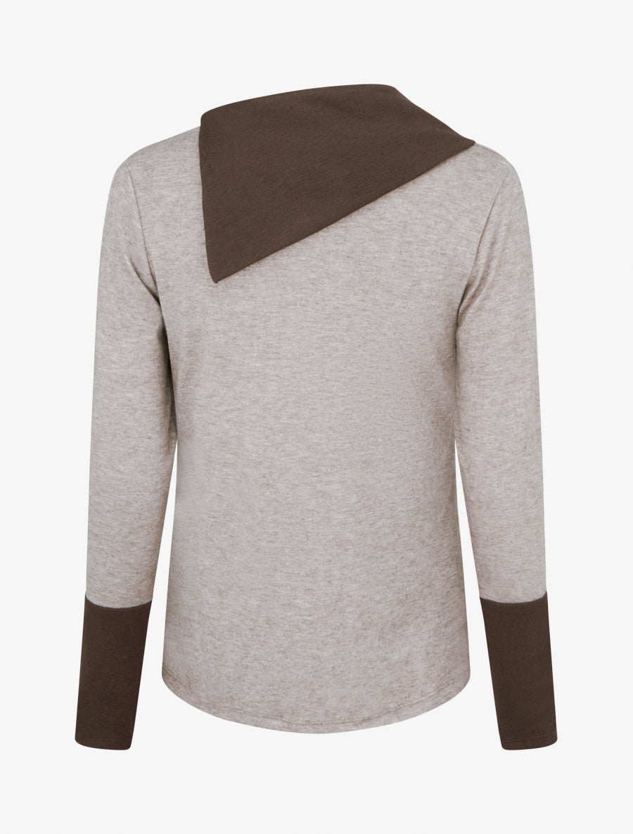 Pull fin bicolore à col drapé asymétrique - Taupe/marron - 2