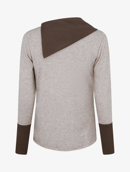 Pull fin bicolore à col drapé asymétrique - Taupe/marron - 2