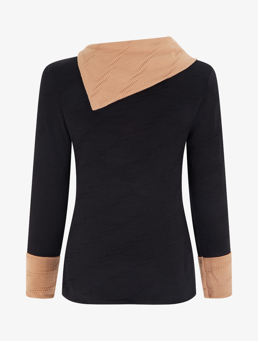 Pull texturé à col fantaisie boutonné - Noir - 2