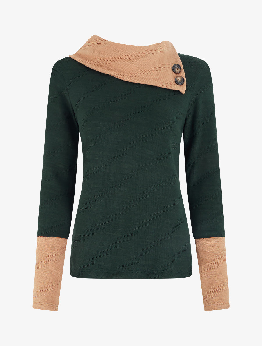 Pull texturé à col fantaisie boutonné - Vert foncé - 1