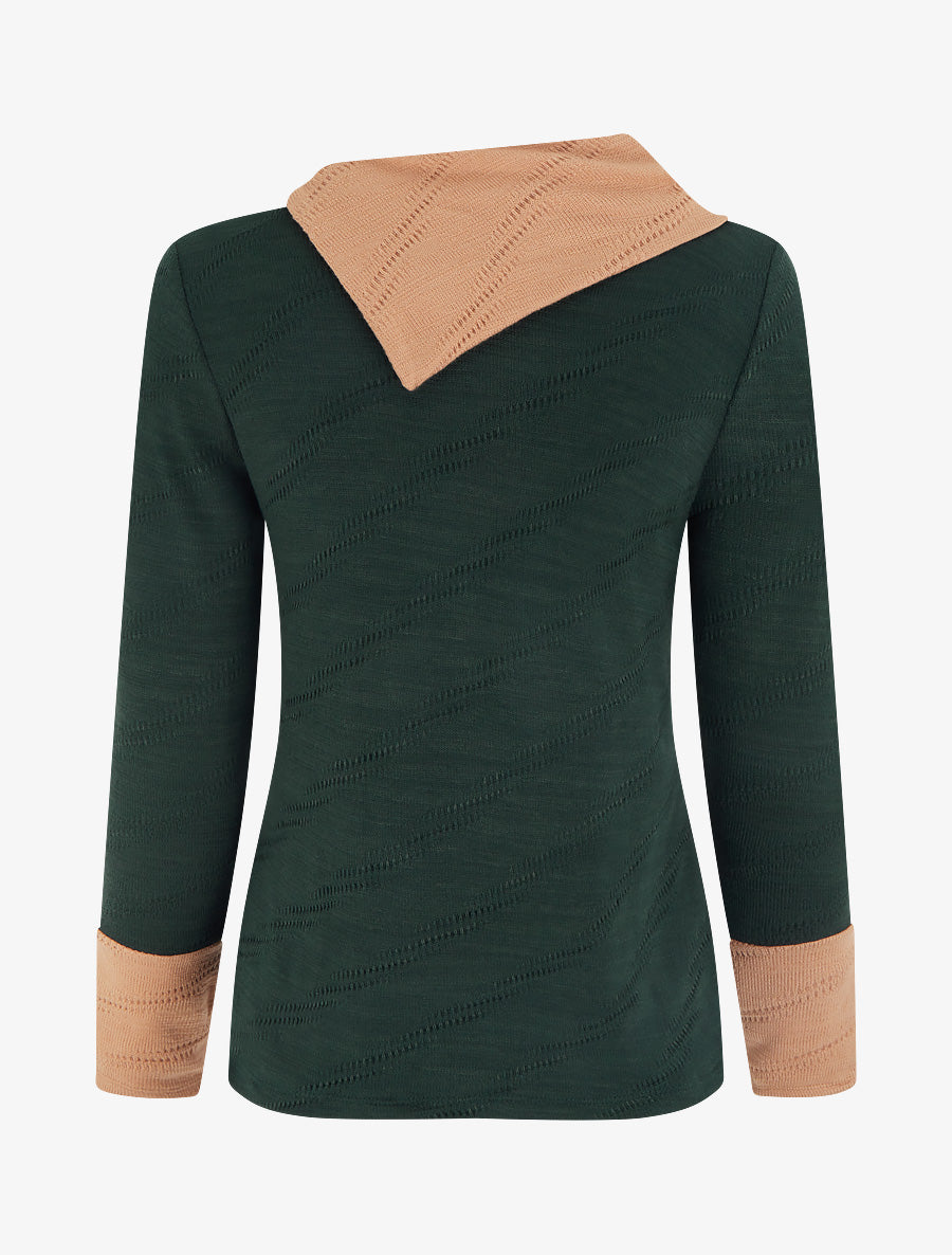Pull texturé à col fantaisie boutonné - Vert foncé - 2
