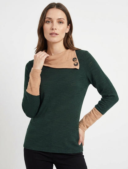 Jersey texturizado con cuello de fantasía abotonado. - Verde oscuro