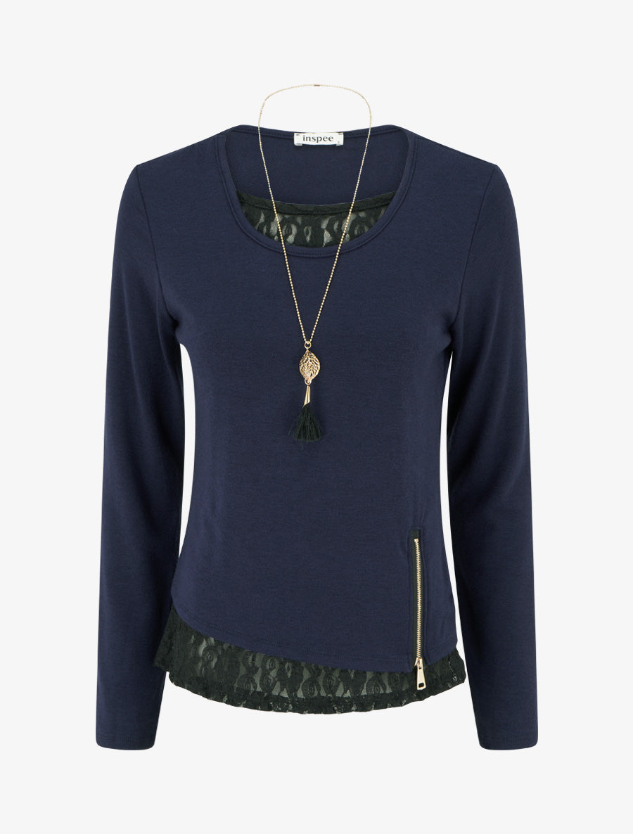 Pull fin à bords en dentelle et zip décoratif - Marine - 1