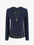 Pull fin à bords en dentelle et zip décoratif - Marine - 1