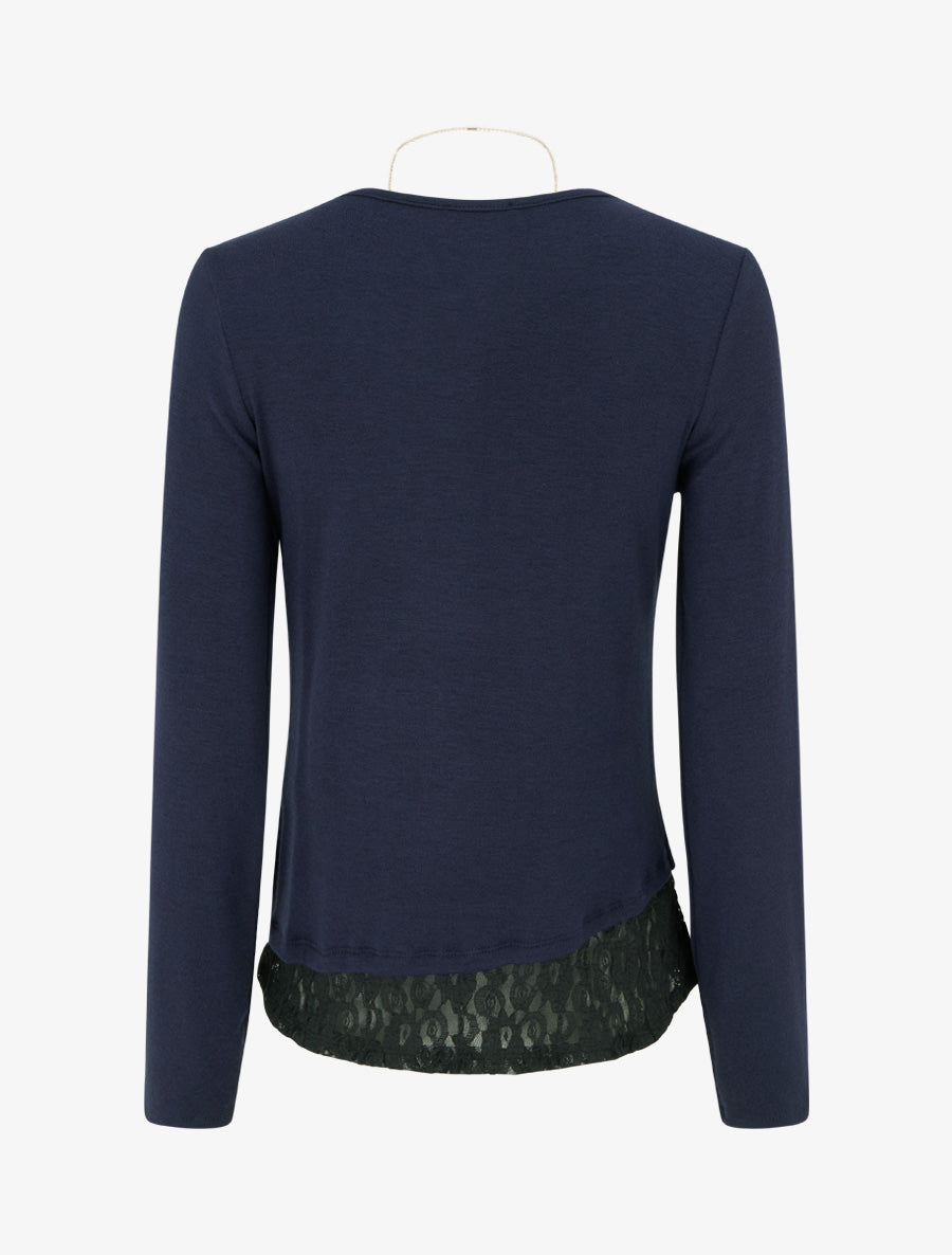 Pull fin à bords en dentelle et zip décoratif - Marine - 2