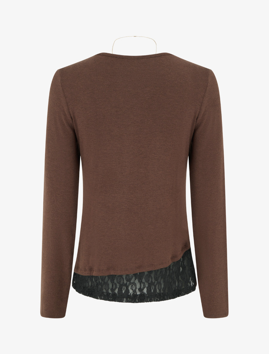 Pull fin à bords en dentelle et zip décoratif - Marron - 2