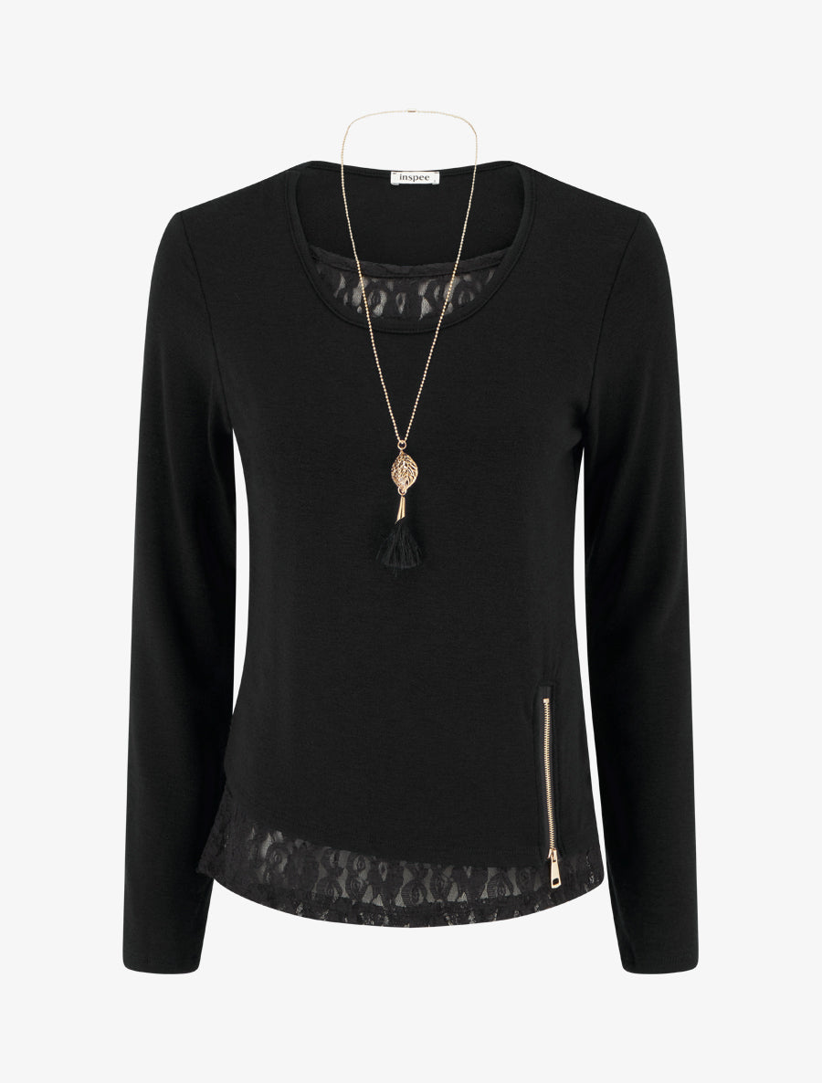 Pull fin à bords en dentelle et zip décoratif - Noir - 1