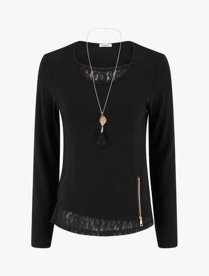 Pull fin à bords en dentelle et zip décoratif - Noir - 1