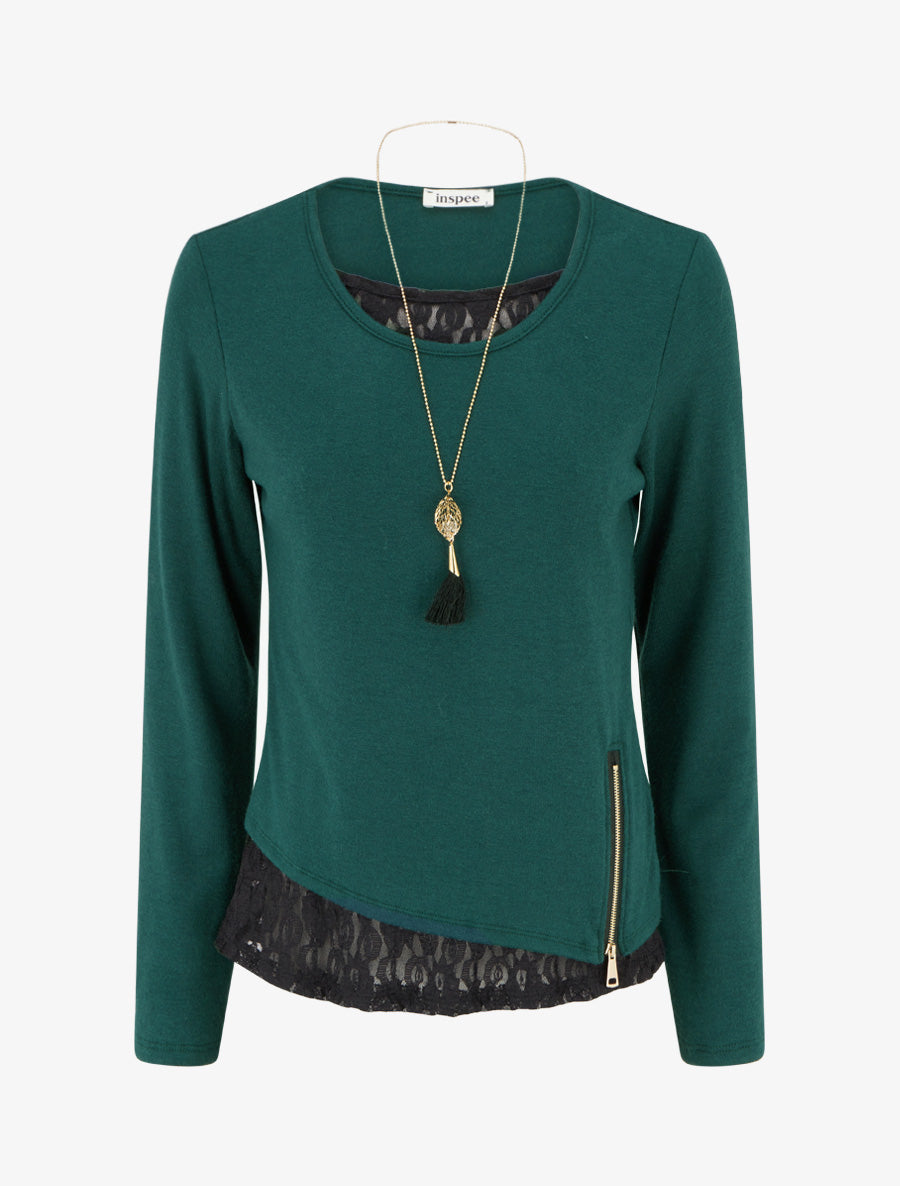 Pull fin à bords en dentelle et zip décoratif - Vert foncé - 1