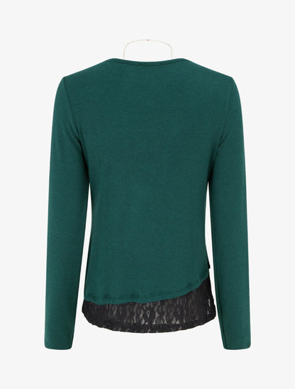Pull fin à bords en dentelle et zip décoratif - Vert foncé - 2